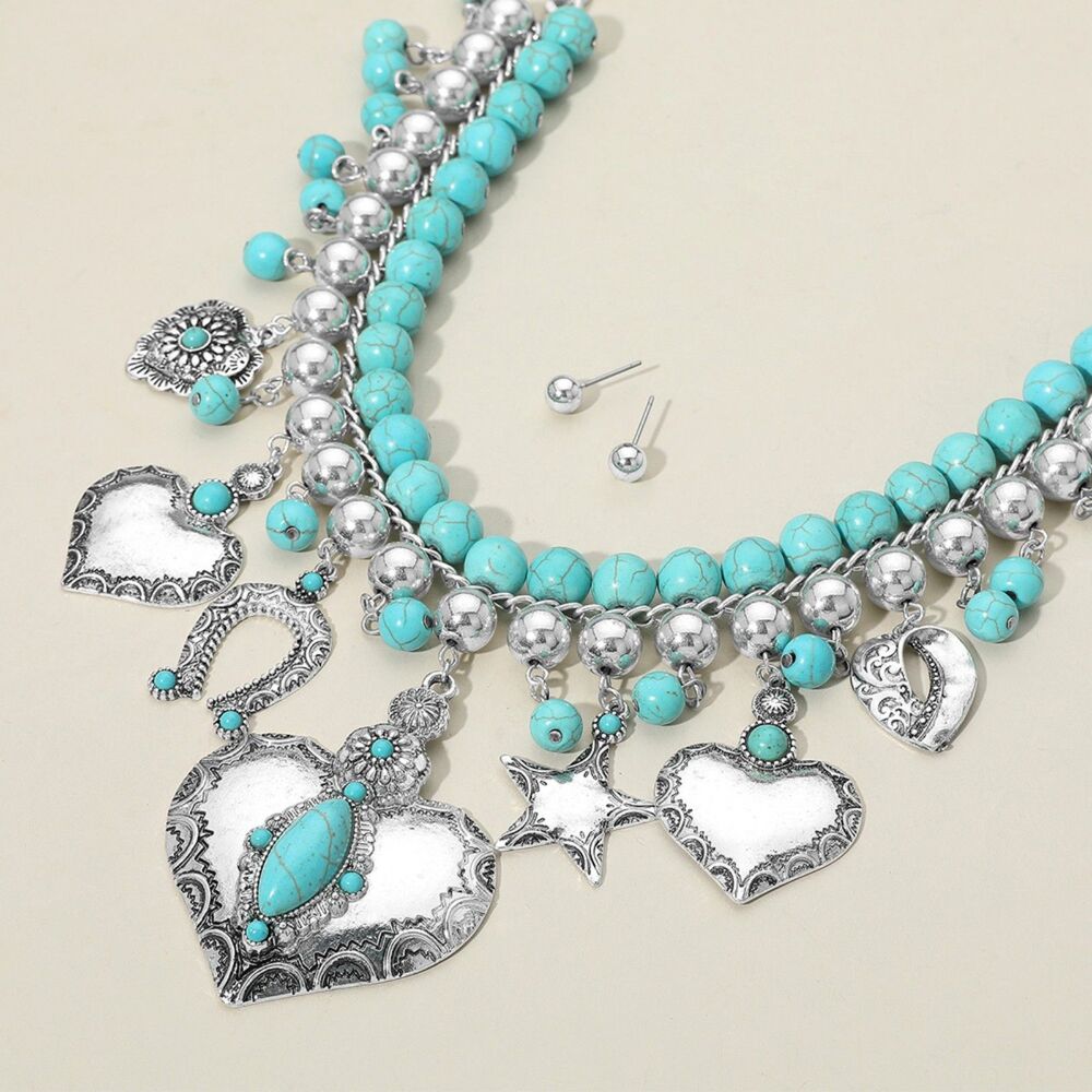 Silver Turquoise Heart Pendant Boho Charm Necklace Statement Horseshoe Star